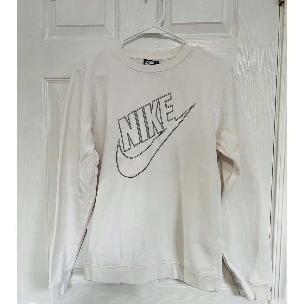 Nike Crewneck Long Sleeve Sweatshirt White Embroidered Outlined Swoosh Logo S‎